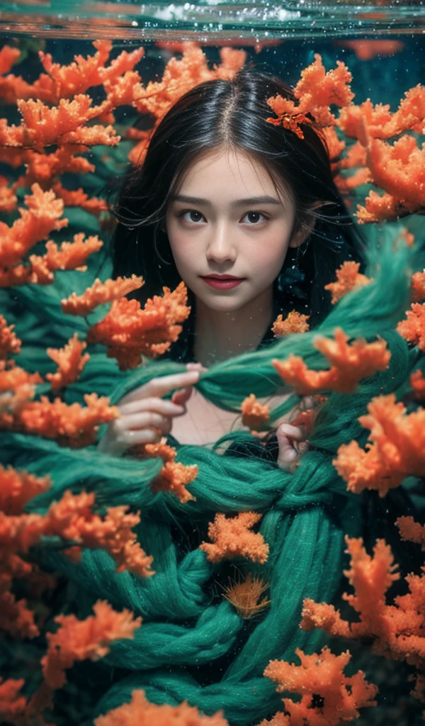 Cinematic Light, Cinematic Style, Best Quality, Long Hair, (European and American Girls), 18 years old, Double Eyelids, 1girl, Medium Points, Flowing Hair, Delicate Hair, Real, Background Blur, Eye Shadow, (Side Laying), (American Flag), Queen of Atlantis, Smile, (Underwater: 1.4), Floating, (Swimming), Swimming Circle, (Coral: 1.4), (Fish), (Undersea), Sunlight, Tyndall Effect, Atlantis, Hair Scattered Floating, Kelp, Seagrass, Underwater, Heart of the Ocean, Straight face, glowing eyeballs