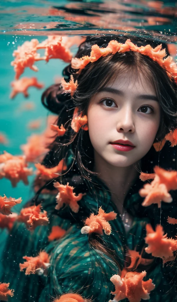 Cinematic Light, Cinematic Style, Best Quality, Long Hair, (European and American Girls), 18 years old, Double Eyelids, 1girl, Medium Points, Flowing Hair, Delicate Hair, Real, Background Blur, Eye Shadow, (Side Laying), (American Flag), Queen of Atlantis, Smile, (Underwater: 1.4), Floating, (Swimming), Swimming Circle, (Coral: 1.4), (Fish), (Undersea), Sunlight, Tyndall Effect, Atlantis, Hair Scattered Floating, Kelp, Seagrass, Underwater, Heart of the Ocean, Straight face, glowing eyeballs
