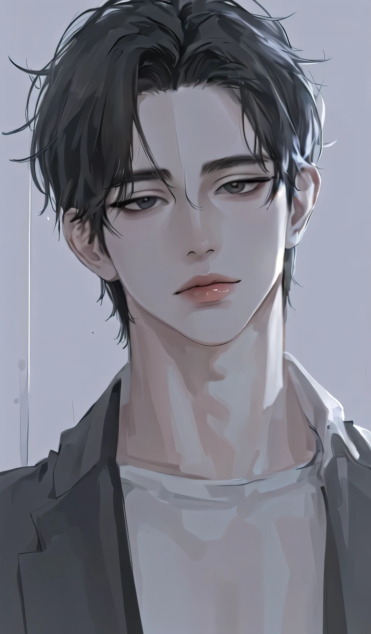 1boy, portrait, solo,lips, male focus, black eyes, looking at viewer, black hair, short hair, closed mouth,