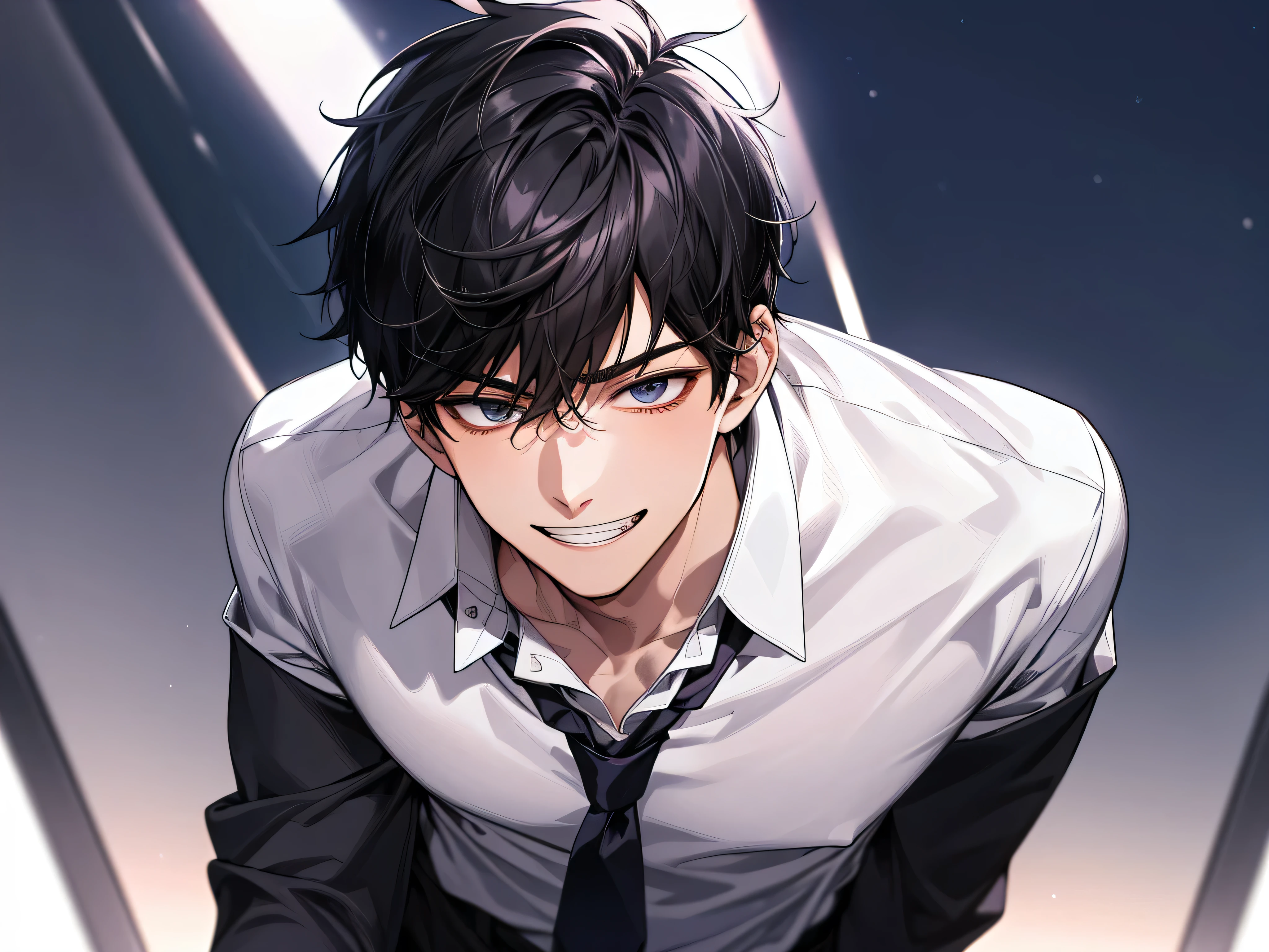 ((night)),Loosen your tie,Background office,Upper Body, Face close-up,30-year-old male,1 boy、Grin,Black Hair、Please loosen the tie,Take off,White Shirt Shirt,,From below,Angle from below,Excited,A tense look,Background office,night