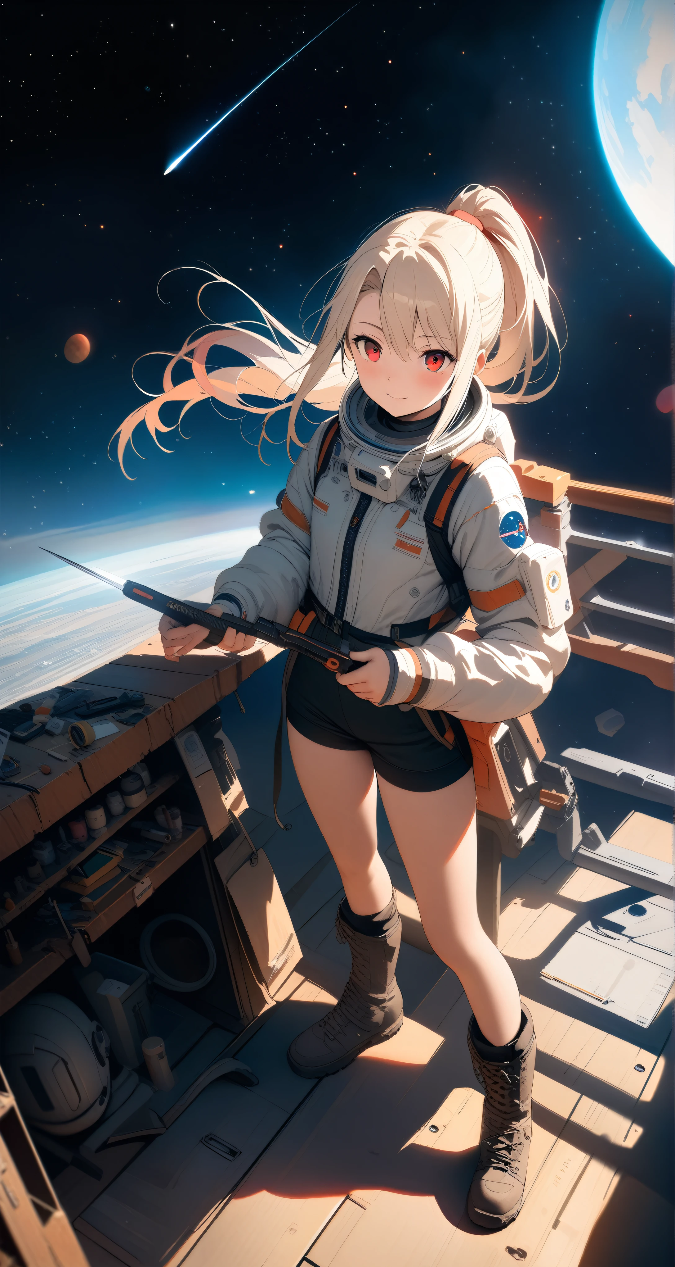 high-key and low-variance brightness scale,soft light,realistic light and shadow, light and dark interlaced,(wide shot:1.3),female focus,looking at viewer,dramatic angle,(solo:1.6)
(masterpiece),(best quality),(highres),(by famous artist),(((official art))),(by Paul Hedley),(illustration),(science fiction),(Sci-fi style),(Mechanical style)
1girl,astronaut,(illyasviel von einzbern),
(small_breasts),(whole body),(slim legs),lustrous skin,shiny skin,(detailed beautiful thighs),(articulated fingers)
(space suit),(space helmet:1.5),(combat boots),(belt)
outdoor,in the universe,starry sky,clusters of stars,colorful startrails,shooting star,the Earth,full moon
((seductive smile)),blush,((standing)),(fixing weapon on the workbench:1.4)
(red eyes),
(cream long hair),(ponytail:1.4),(reflective hair)