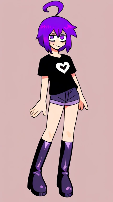 Best quality, super detailed illustration, warm colors, Ideal lighting, Perfect detail, boy, Femboy, black T-shirt with a heart pattern, long tousled thick purple hair, bright eyes, Rubber boots, short shorts,