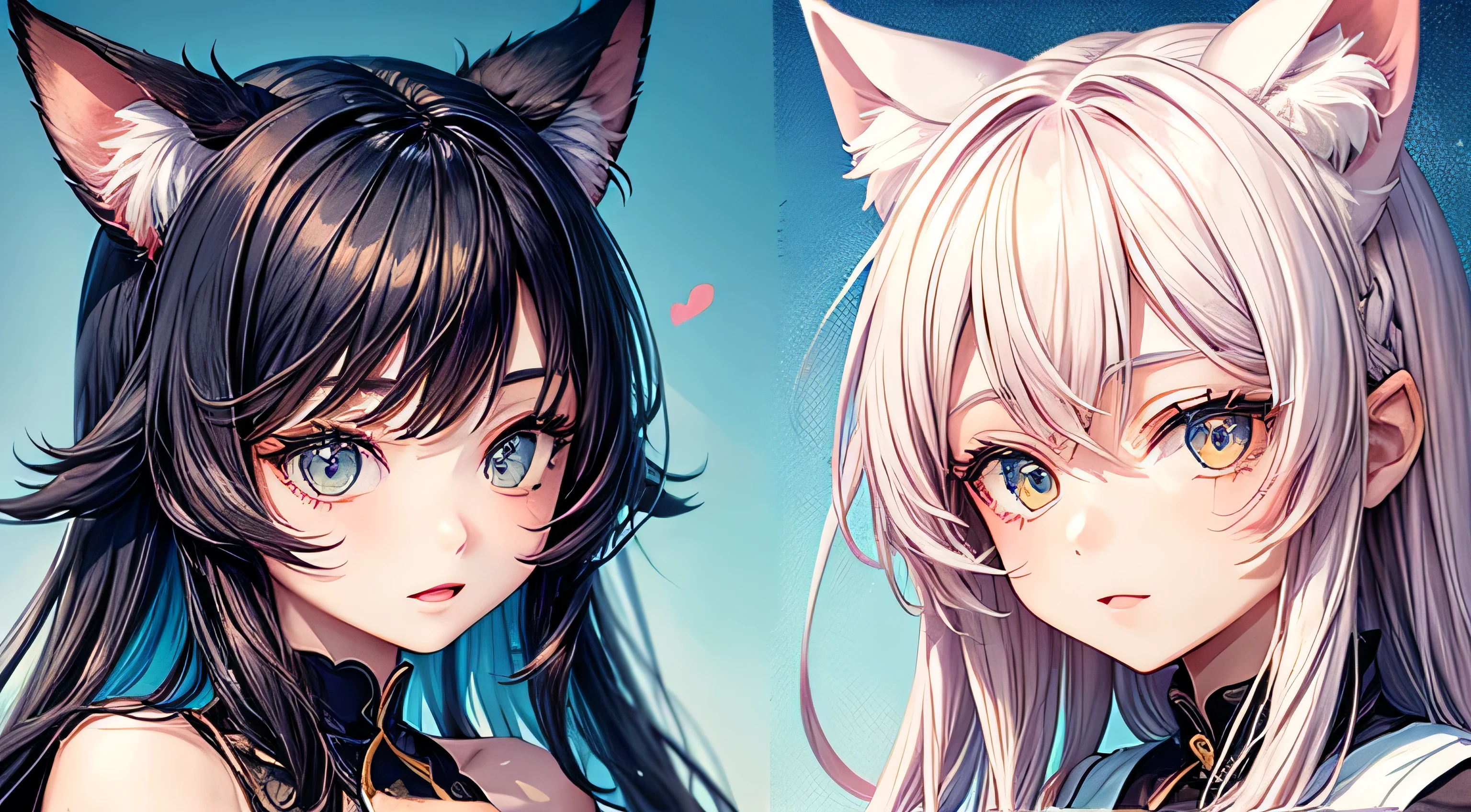 Cat eared boy and cat eared girl　Two people　Detailed facial expression depiction、Detailed hair depiction、Detailed eye depiction、HIP-HOPファッション