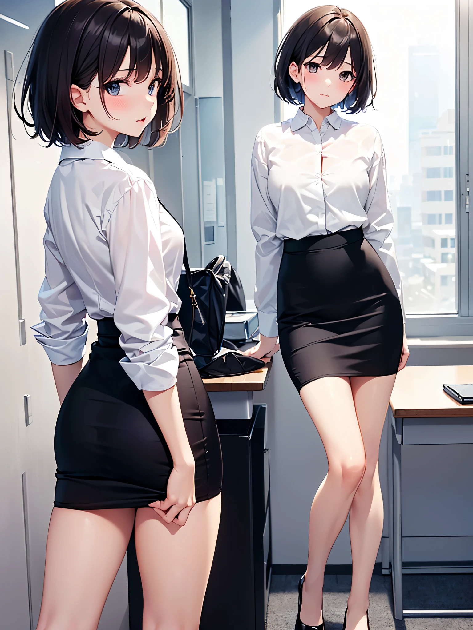 (Masterpiece、RAW photo),(highest quality),(Very detailed:1.3), slender body, (Very delicate and beautiful face), (Small beautiful eyes), 20-year-old、Japanese women、very cute, (OL, office lady, white shirt, pencil skirt:1.2)、(short hair, messy hair), (embarrassed)、 (looking at viewer), (Standing with legs together), (anatomically correct:1.2)
