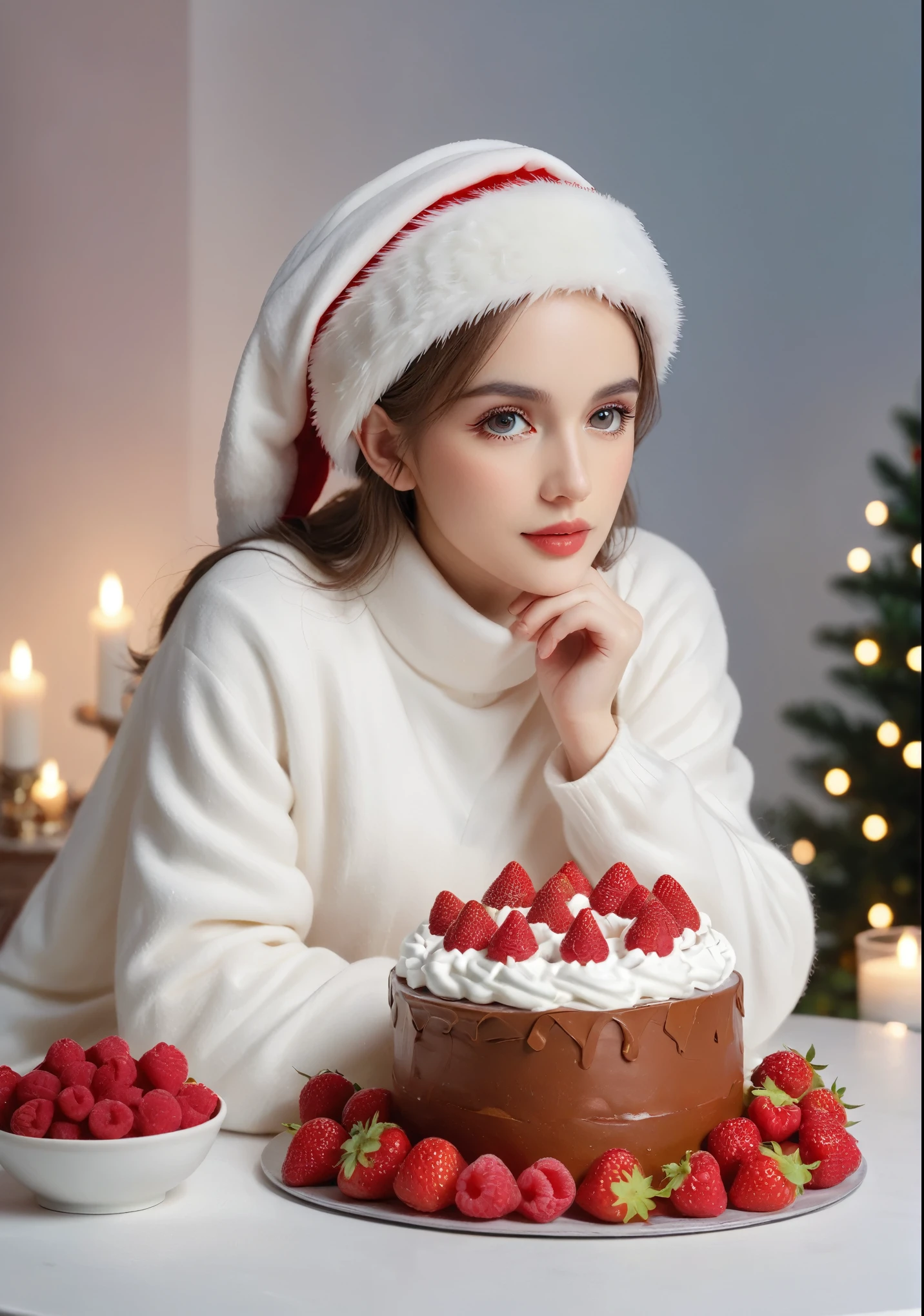 Cute  female Santa Claus sitting on a Christmas cake、Cake on the table、White cream decorated with strawberries and raspberries、Silent Night、Soft light source、Photo-like、8K、16K、High color rendering