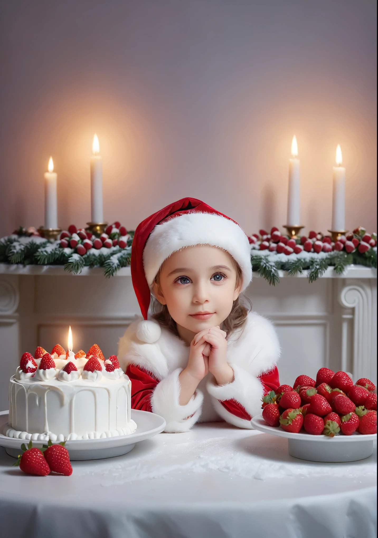 Cute little female Santa Claus sitting on a Christmas cake、Cake on the table、White cream decorated with strawberries and raspberries、Silent Night、Soft light source、Photo-like、8K、16K、High color rendering