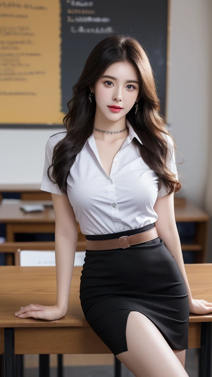(Masterpiece, best quality, alone, รายละเอียดที่complicated, Chromatic aberration), realistic, ((Moderate breath)), hair on one eye,purple eyes, earring, sharp eyes, choker, (symmetrical eyes),(Perfect symmetrical body),Photo of a beautiful 22 year old girl, Beautiful and charming with contemporary fashion paintings as well..., looking at the audience, ((in the classroom background)), (1 Teen Girl),(black short skirt), (Fitted white short sleeve shirt, Unbuttoning reveals.), ((Short black pencil skirt with side slit)), belt, ((Put your hands down.)),copper blonde hair, bob, round chin, Art lens 85mm, Sharp focus, High resolution 8K, Crazy details, complicated, elegant,sitting on the study table Lift one leg to eye level, legs slightly apart.,big breasts,Big breasts, dynamic gesture, big breasts

