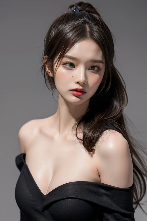 highest quality, masterpiece, Ultra-high resolution, (Realistic:1.4), RAW Photos, 1 girl, simple gray background, Half Body, Looking at the audience, Off the shoulder, Cleavage Emphasis