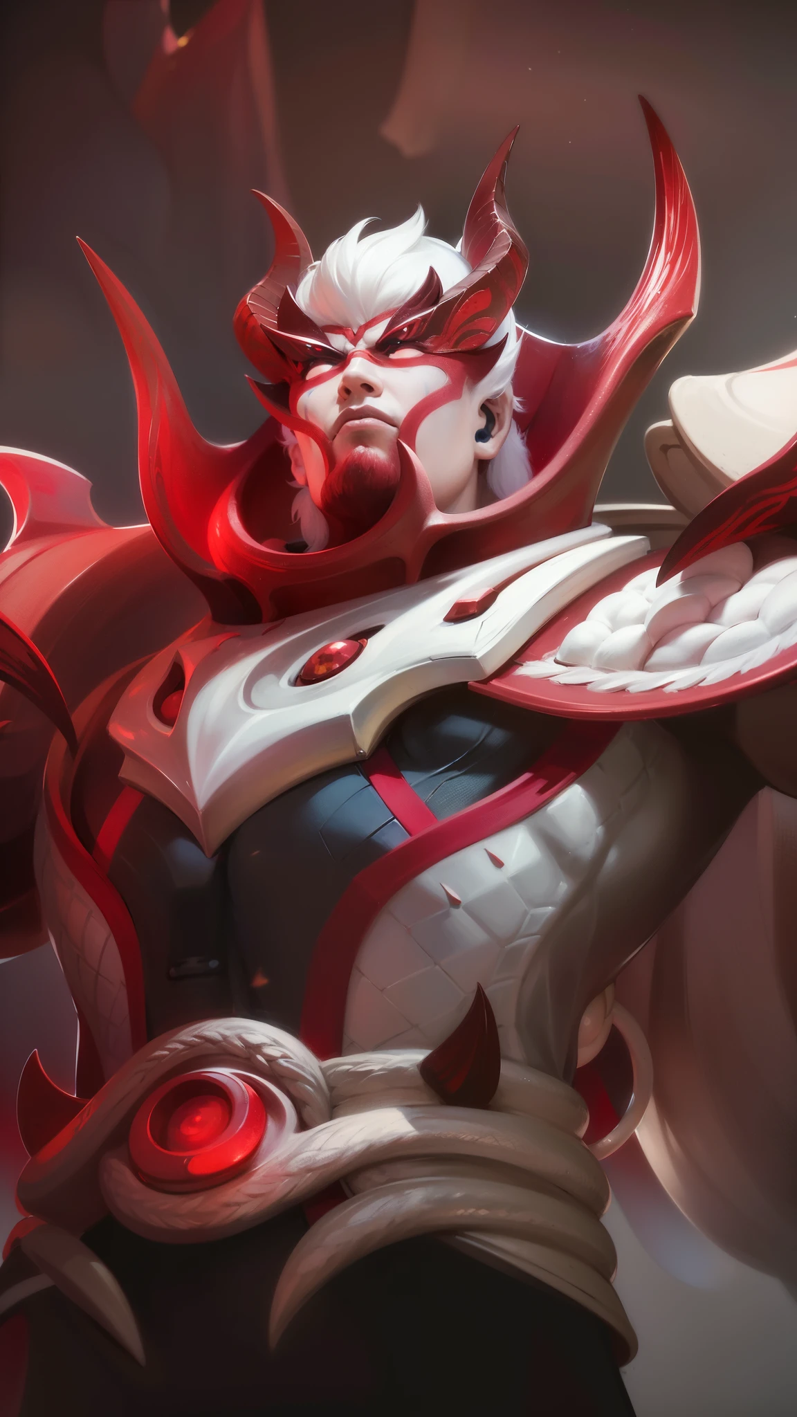 a close up of a man with a red and white costume on, onmyoji portrait, dota 2 concept art, painted portrait of mordekaiser, onmyoji detailed art, inspired by Huang Shen, dota character, dota 2 hero, hero from dota 2, onmyoji, 8k hd wallpaperjpeg artifact, 8 k hd wallpaperjpeg artifact, Best quality, masterpiece, detailed skin texture, detailed clothes texture, detailed face, super detail, 8k, intricate detail, 1 boy, The color doesn't change, Muscle guy, 1 guy, red eyes