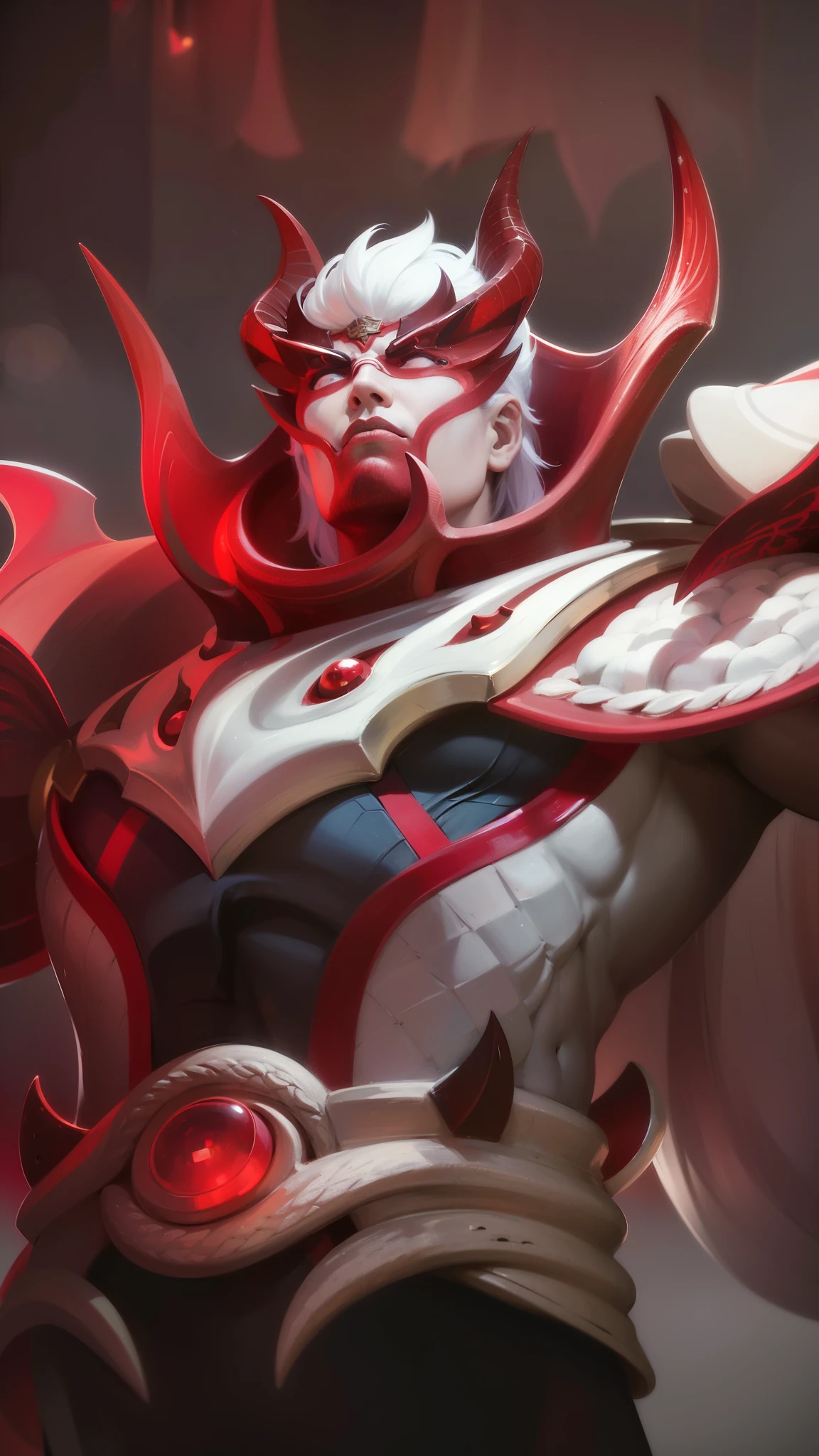 a close up of a man with a red and white costume on, onmyoji portrait, dota 2 concept art, painted portrait of mordekaiser, onmyoji detailed art, inspired by Huang Shen, dota character, dota 2 hero, hero from dota 2, onmyoji, 8k hd wallpaperjpeg artifact, 8 k hd wallpaperjpeg artifact, Best quality, masterpiece, detailed skin texture, detailed clothes texture, detailed face, super detail, 8k, intricate detail, 1 boy, The color doesn't change, Muscle guy, 1 guy, red eyes