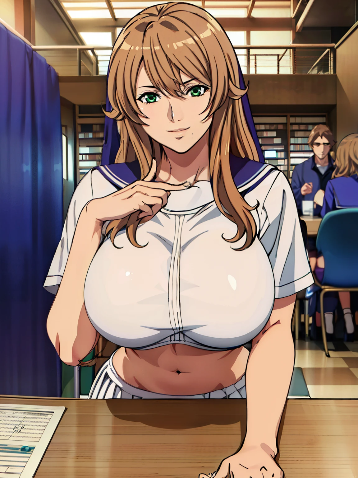 (POV Dating | across table : 1.3), (white serafuku outfit : 1.5), (blue pleated skirt), (library background), Sigui, mature woman, anime cels style, best quality, high resolution, 1girl, (huge breasts:1.2), beautiful face, Beautiful Finger, Beautiful long legs, Beautiful body, Beautiful Nose,Beautiful character design, long hair, (brown hair), Bangs, green eyes, (cowboy shot), smiling, looking at viewer, beautiful hair, navel, smiling