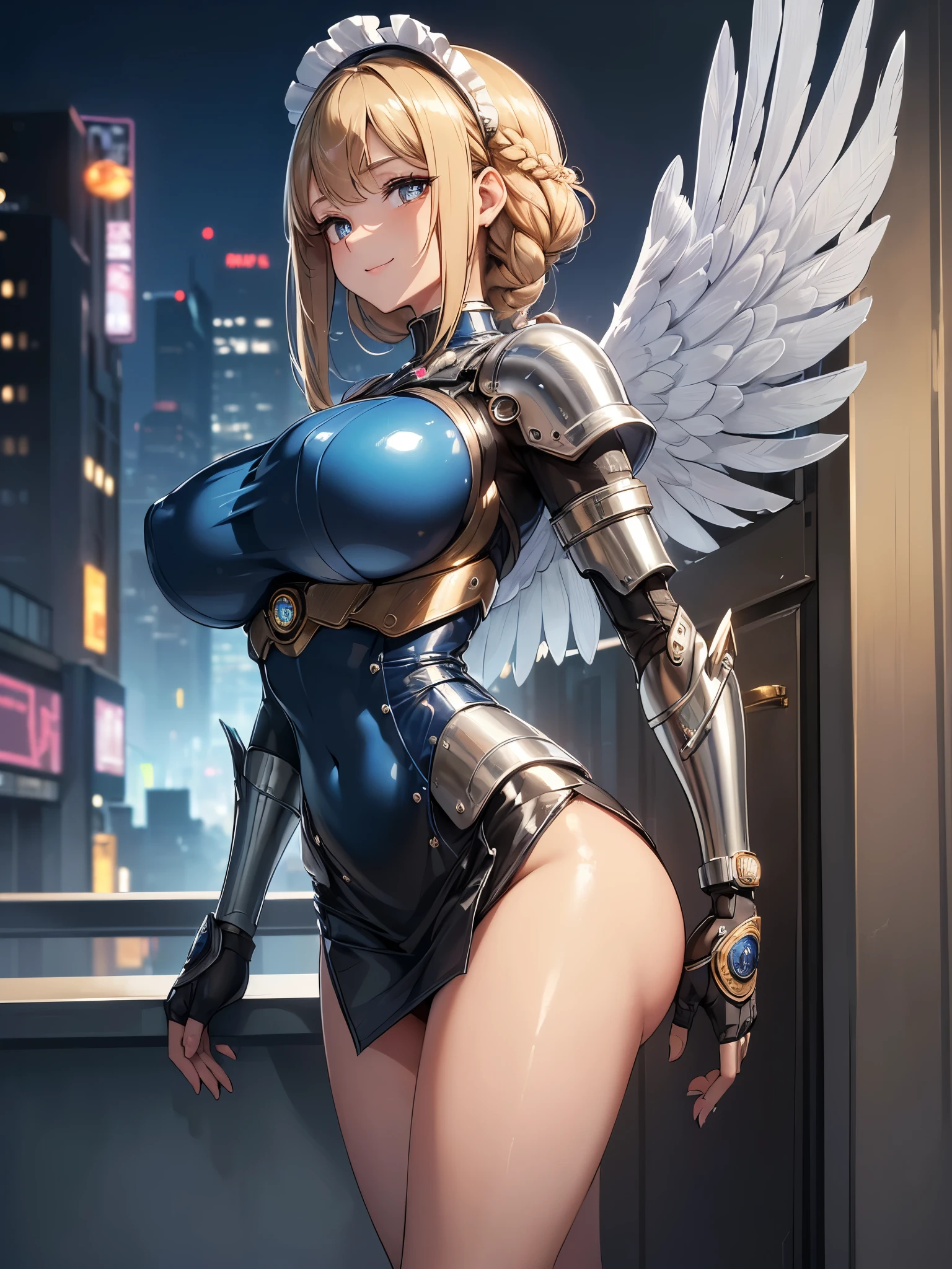 (((masterpiece))), (((best quality))), ((ultra-detailed)), (illustration), ((an extremely delicate and beautiful)), ((super detail)), ((high resolution)), (((20 years old))), metallic cloth, (maid), (android), ((mechanical wings)), delicate metal decorations, gleaming skin, shiny body, two legs, breast focus, (((tall))), slender legs, ((big round eyes)), cute eyes, drooping eyes, ((adult)), two hands, five fingers, no extra hands, elegant smile, braid, medium length hair, ((metallic blue)), (see-through), (dark blonde), (ultra-huge breasts), (((safe for watch))), (shining brightly), outdoor, mini skirt, city, daytime, ((biopunk)),