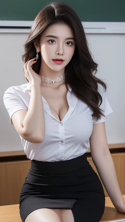 (Masterpiece, best quality, alone, รายละเอียดที่complicated, Chromatic aberration), realistic, ((Moderate breath)), hair on one eye,purple eyes, earring, sharp eyes, choker, (symmetrical eyes),(Perfect symmetrical body),Photo of a beautiful 22 year old girl, Beautiful and charming with contemporary fashion paintings as well..., looking at the audience, ((in the classroom background)), (1 ),(black short skirt), (Fitted white short sleeve shirt, Unbuttoning reveals.), ((Short black pencil skirt with side slit)), belt, ((Put your hands down.)),copper blonde hair, bob, round chin, Art lens 85mm, Sharp focus, High resolution 8K, Crazy details, complicated, elegant,sitting on the study table Lift one leg to eye level, legs slightly apart.,big breasts,Big breasts, dynamic gesture, big breasts