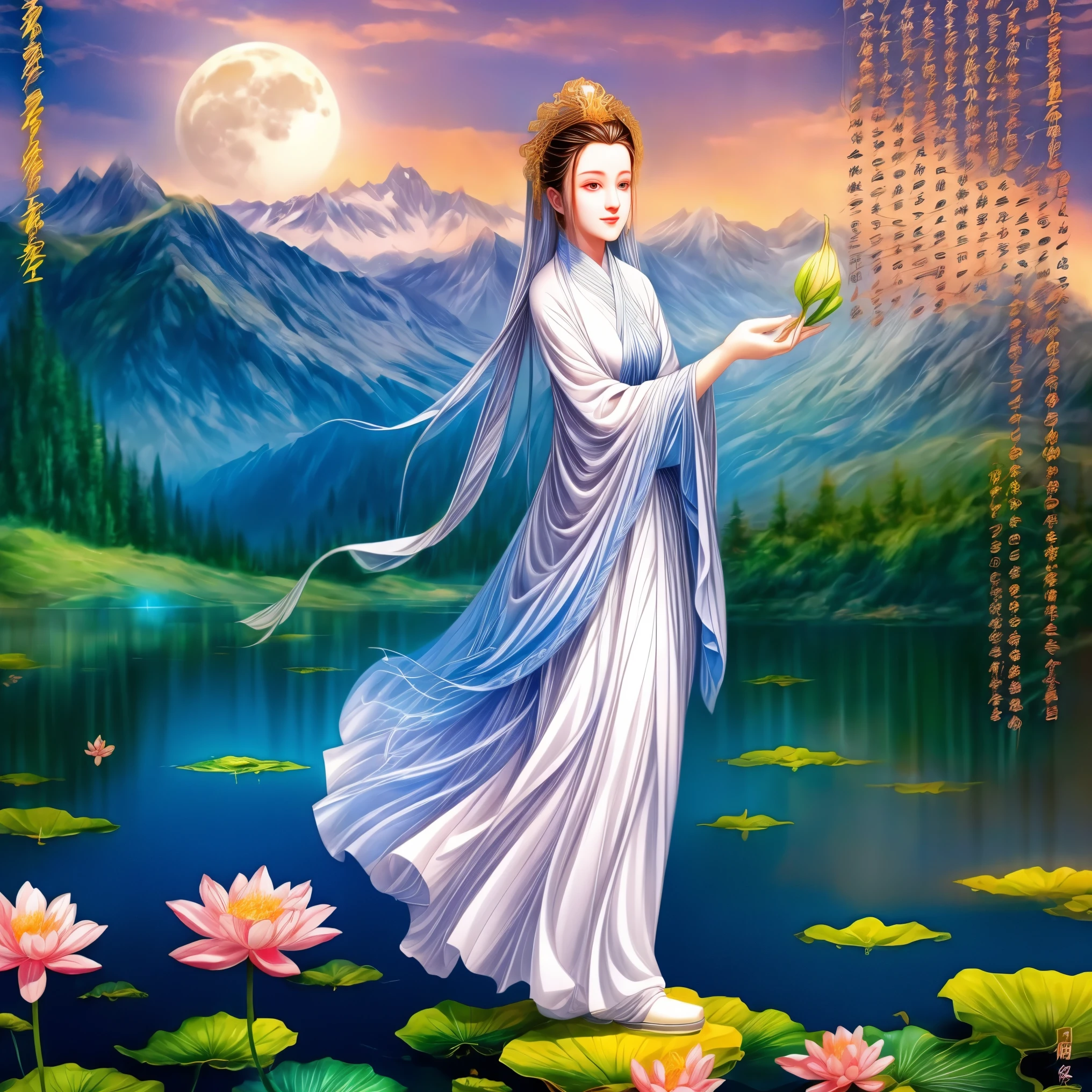 ((best quality)), ((masterpiece)),
((guanyin,1girl)),((chinese text,  text focus,wall of text)),water and mountain, lotus,full moon,hanfu,dress,chinese clothes,