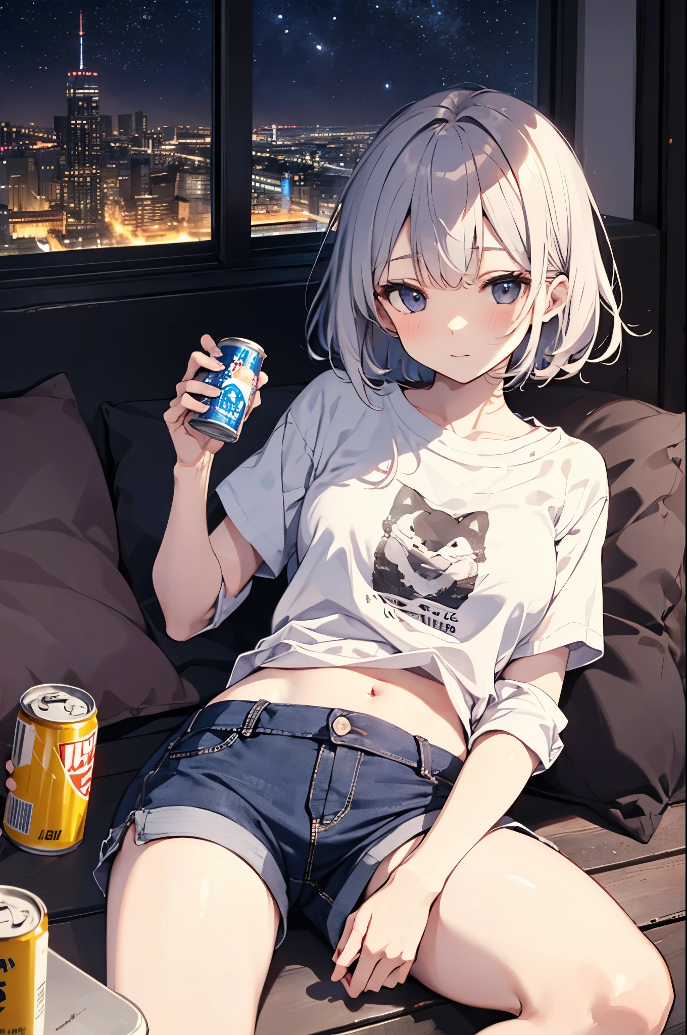 （Pretty sister:1.3）、((Super detailed))、night、Scratching your stomach、Shorts on a shirt、empty can、Going to bed、Sleeping comfortably、輝くnight空、((1 person))、Drunk