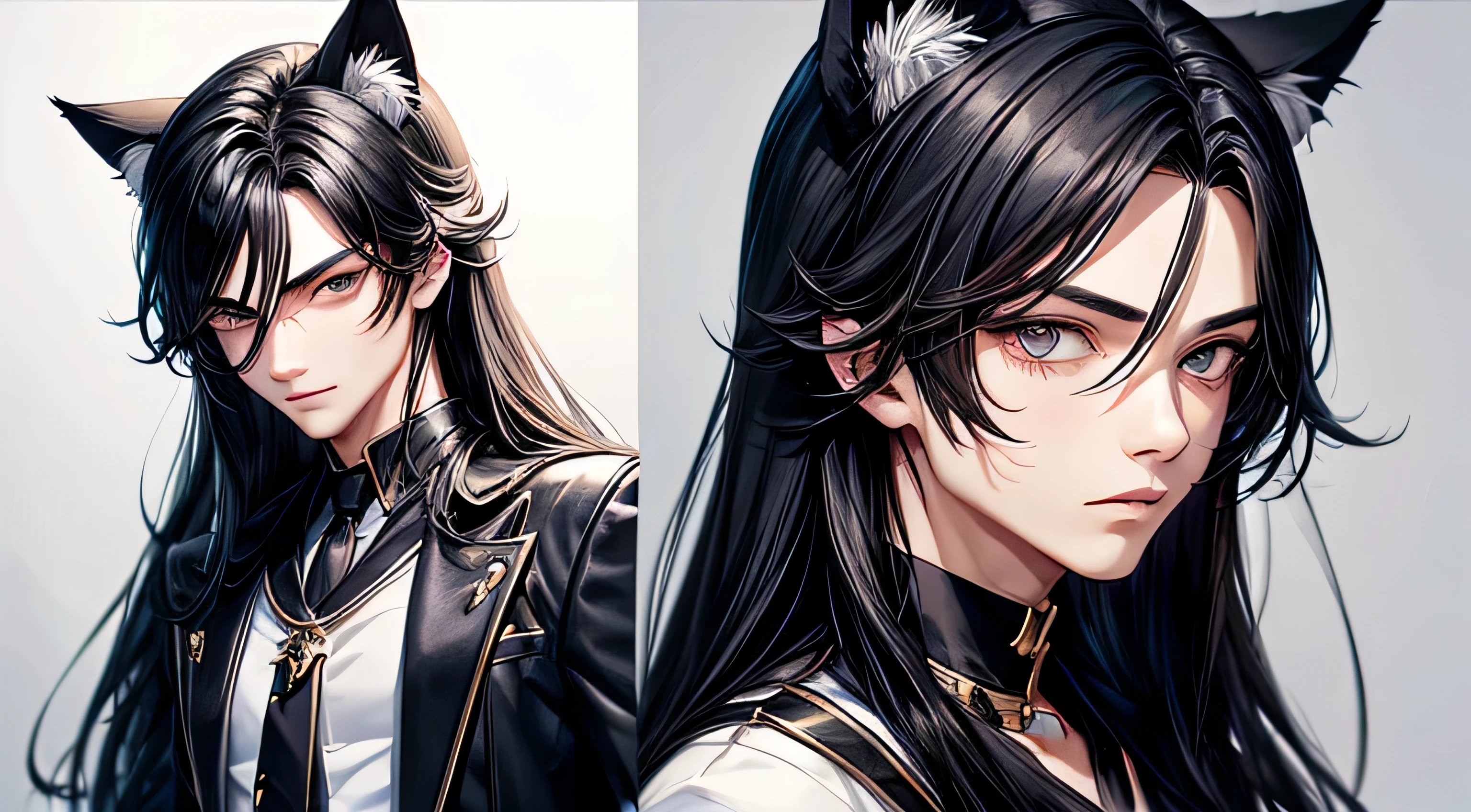 Boy with cat ears Long Hair Black Hair Handsome Detailed facial expression depiction、Detailed hair depiction、Detailed eye depiction、HIP-HOPファッション Background is white