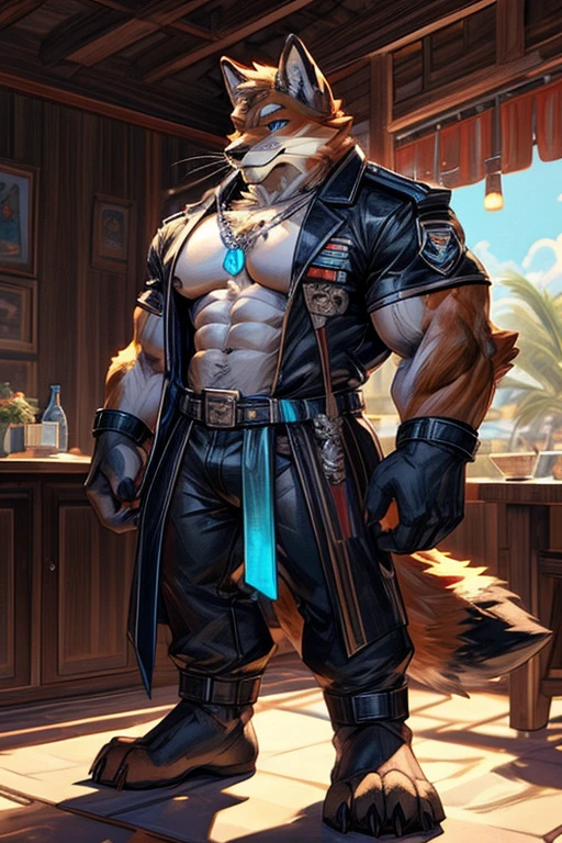 (((anthro muscle red fox, blue eyes, brown forearm, whiskers, black stripe on muzzle))),((blue crystal necklace)), at the (beach, sea and palm tree on the background), ((big paws)), ((military uniform shirtless )), broad shoulders, big biceps, big pecs, big thighs, big abs(((big paws))), (detailed fox face), male focus, detailed eyes, high quality, best quality, concept art, photorealistic