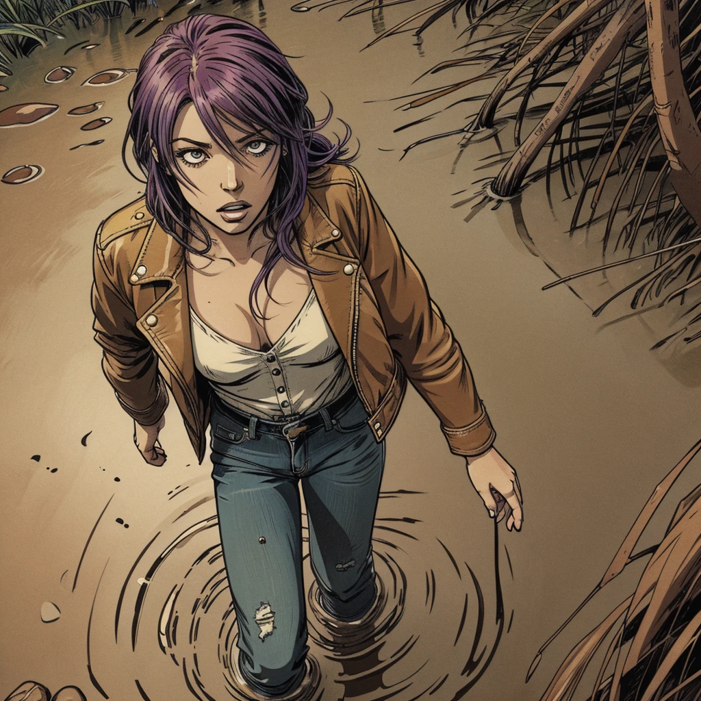 vector image, 2d cartoon,masterpiece,night light:1.4, An anime woman head,colored hair, gloomy ecstasy:1.2,(completely drowning herself in the middle quicksand swamp:1.0), leather biker jacket, jeans, from above view