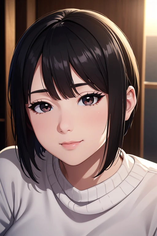 highest quality, 超High resolution, (Realistic:1.4),Sunset Light, ponytail, Korean women, Detailed Photos, smile, sexy, Black Shirt, To the camera, close (masterpiece: 1.3), (8k, Realistic, highest quality: 1.4), (One girl), Beautiful Face, (Realistic Face), (Black Hair, short hair: 1.3), Beautiful hairstyle, Realistic eyes, Beautiful details in the eyes, (Realistic Skin), Beautiful Skin, (sweater), Absurd, Charm, 超High resolution, Ultra-realistic, High resolution, Golden Ratio