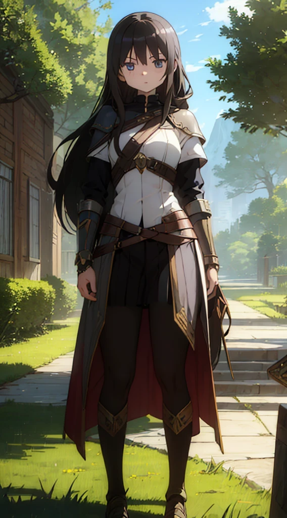  Create the image of a stunning woman with long, straight hair and wearing imposing armor. She is depicted in a majestic pose, with her wavy hair falling gently over her shoulders. Her armor is a work of art, with intricate details and elegant embellishments, reflecting the sunlight that streams through the nearby trees,Her eyes convey a mix of determination and grace as she wields a sword or shield with confidence. In the background, a picturesque setting of lush natural landscape, with distant mountains and a clear blue sky. This woman is not only a skilled warrior, but also a vision of beauty and strength