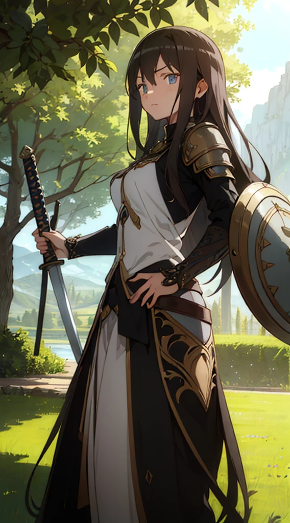  Create the image of a stunning woman with long, straight hair and wearing imposing armor. She is depicted in a majestic pose, with her wavy hair falling gently over her shoulders. Her armor is a work of art, with intricate details and elegant embellishments, reflecting the sunlight that streams through the nearby trees,Her eyes convey a mix of determination and grace as she wields a sword or shield with confidence. In the background, a picturesque setting of lush natural landscape, with distant mountains and a clear blue sky. This woman is not only a skilled warrior, but also a vision of beauty and strength