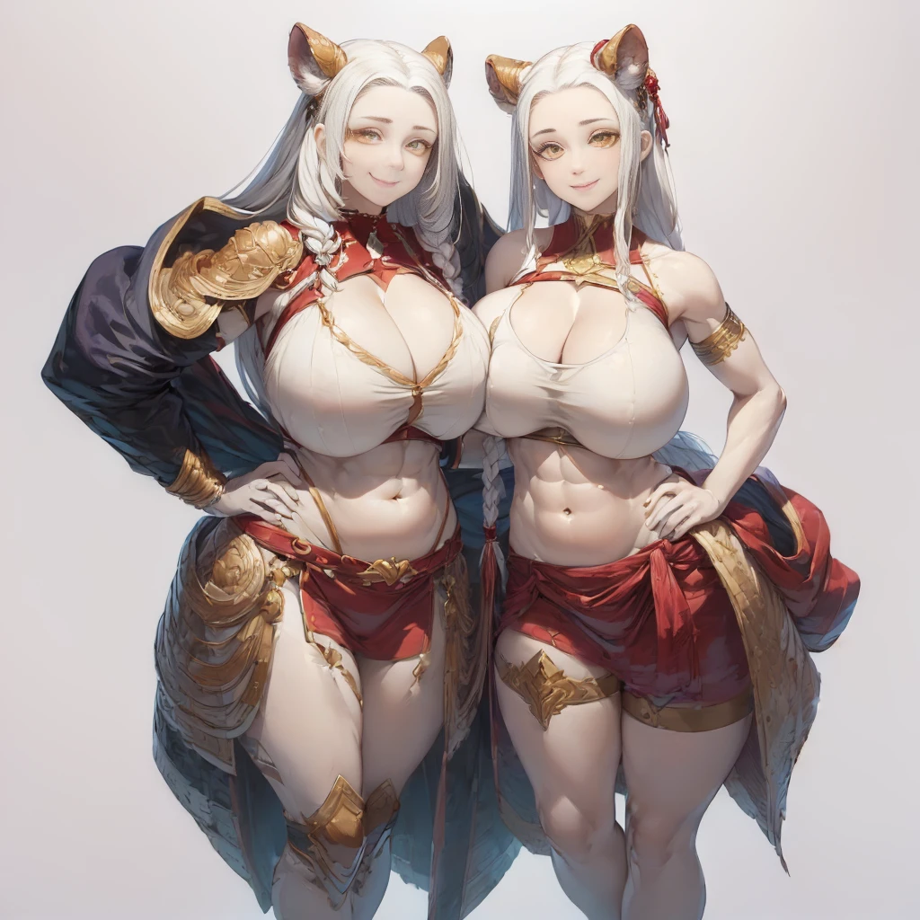 (((Plain background 1:2))) (masterpiece, high quality: 1.1) 1girl full body standing, hairstyle with a braid, white colored hair, yellow eyes, perfect lighting, muscular, thighs, mature woman, mummy, bellybutton, abs, looks at the viewer smile RED CHEEKS, extremely huge breasts, maternal, porcelain skin, extra very long hair, sparkly skin, good face, chest cover, HANDS ON HIPS