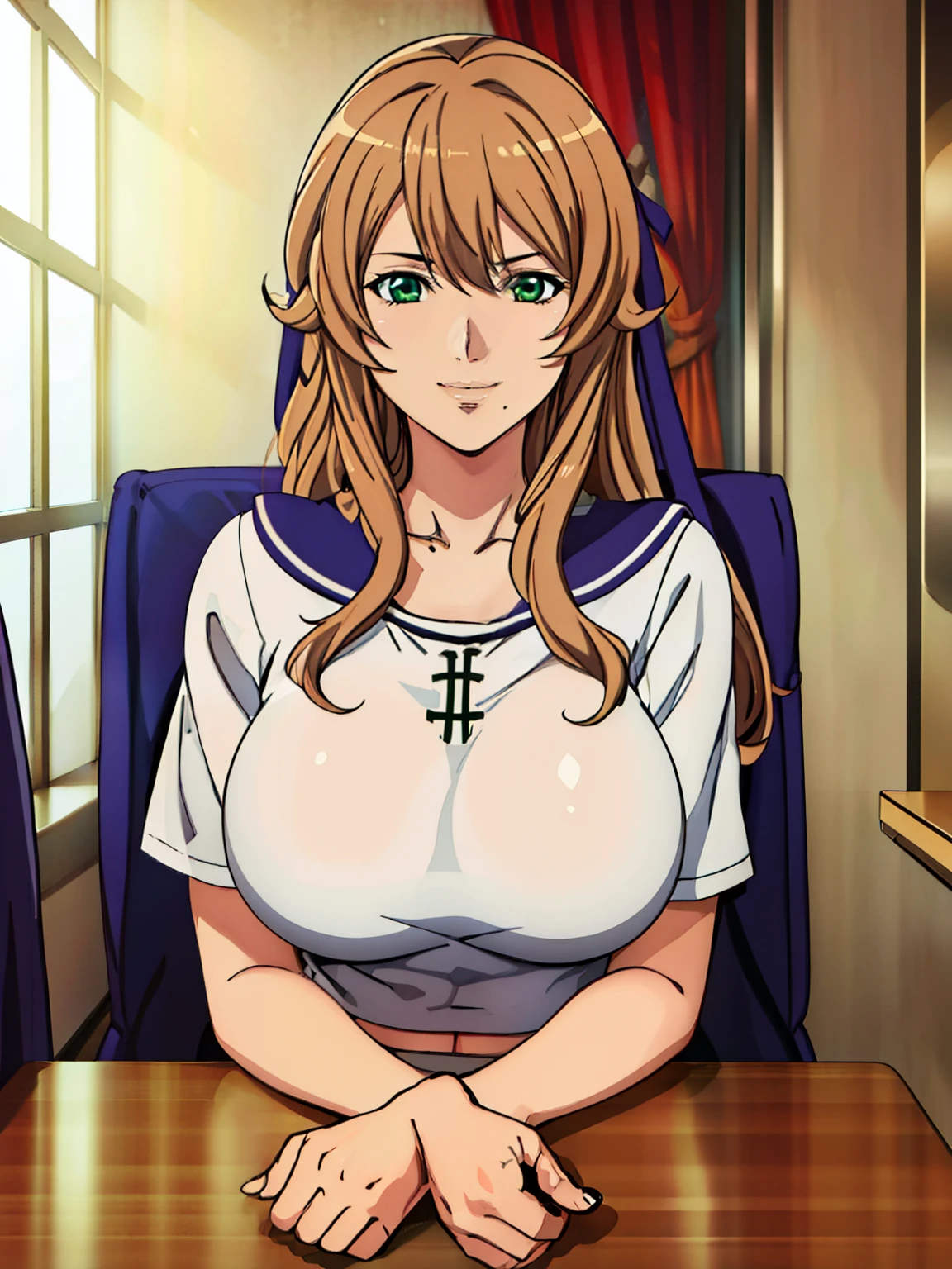 POV Dating | across table sitting on chair : 1.3, (white serafuku outfit : 1.5), (blue pleated skirt), white long socks, (diningroom background), Sigui, mature woman, anime cels style, best quality, high resolution, 1girl, (huge breasts:1.2), beautiful face, Beautiful Finger, Beautiful long legs, Beautiful body, Beautiful Nose,Beautiful character design, long hair, (brown hair), Bangs, green eyes, (cowboy shot), smiling, looking at viewer, beautiful hair, navel, smiling