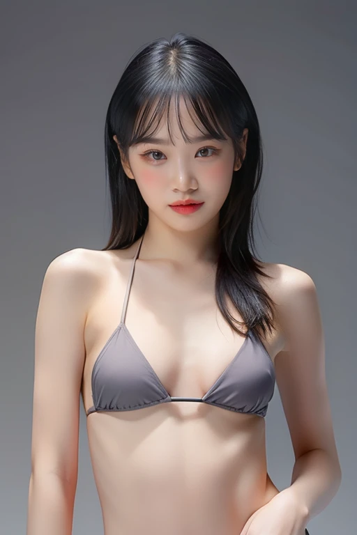 highest quality, masterpiece, Ultra-high resolution, (Realistic:1.4), RAW Photos, 1 -yeld gi simple gray background, ((Micro Bikini、Upper Body、Lean forward)), Looking at the audience