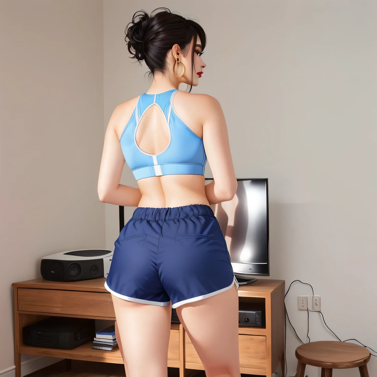 there is a woman standing in a room with a TV, sports bra and dark blue shorts, sports bra and shorts, back view, back view, back pose, rear view, back long shot, in shorts, from the back, back shot , photo from behind, toned behind, rear view, from the back. Beautiful woman, slim back, 38 years old, beautiful woman, dark brown eyes, ((beautiful slim woman, 38 years old, hair color [black hair], hair [pixie cut])), earrings, lips, realistic, slim waist , charming, pink lipstick, colorful makeup, long chosen, earrings, wears eyeliner, fair skin, (sexy), (detailed face), detailed eyes, detailed iris, sexy look, looking at the viewer, (hot), beautiful body and soft, voluptuous woman, crop top, thong, shorts, ((full body))