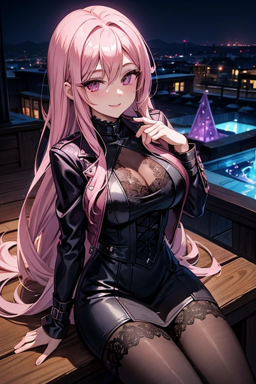A pink haired woman with violet eyes with an hourglass figure in a leather jacket and lacy dress is smiling in a rooftop garden at night