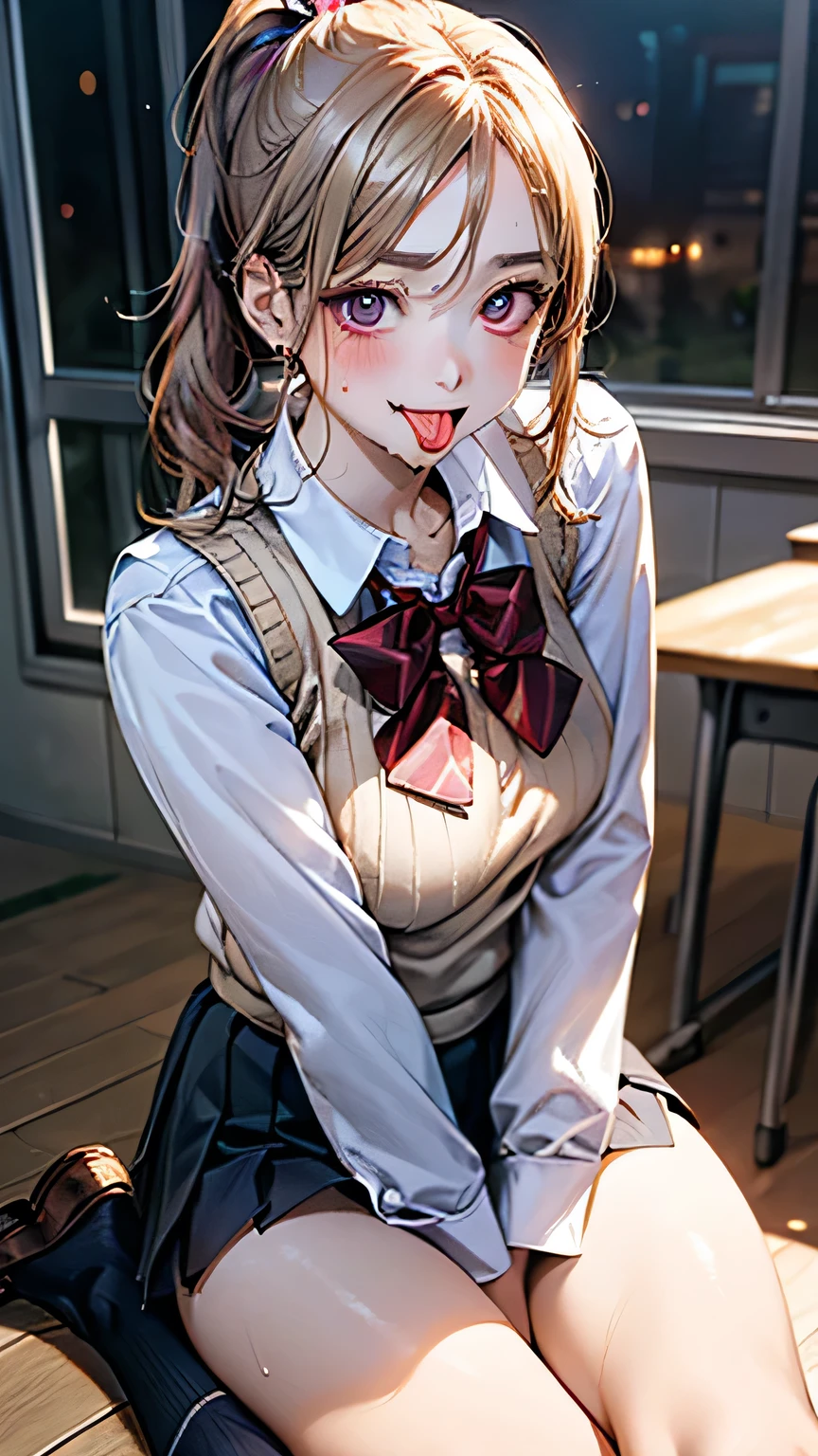 (masterpiece:1.2, highest quality), (Realistic, photoRealistic:1.4), Beautiful illustrations, (Natural Side Lighting, Cinema Lighting), Browsing Caution,
View your viewers, Cowboy Shot, Front view:0.6, 1 girl, Japanese, high school girl, Perfect Face, Cute and symmetrical face, Shiny skin,
(Long Hair:1.8, ponytail:1.7, Blonde), Parted bangs, Golden Eyes, Long Eyelashes, (Large Breasts:1.5, Thick thighs),
Beautiful Hair, Beautiful Face, Beautiful fine details, Beautiful clavicle, Beautiful body, Beautiful breasts, Beautiful thighs, Beautiful feet, Beautiful fingers,
((((Long sleeve)), Roll up your sleeves, White collared shirt, Navy Pleated Mini Skirt, Black socks, Brown Loafers, Red bow tie, Beige sleeveless knit vest)), Pink Panties,
evening,classroom, (Sexy Eyes, Cross-eyed,Watery eye,Toro eye), (((Spread your legs wide)))、Spread your legs、Leg spread,(((Stick your tongue out))),Drooling,Sweat,Hands tied,tie your hands,Tied down