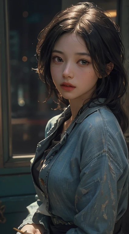 (RAW photo, best quality), (realistic, photo-realistic:1.3),best quality,highly detailed,masterpiece,ultra-detailed,illustration,1girl,upper_body,dynamic angle,world masterpiece theater,messy_long_hair,best quality,extremely detailed CG unity 8k wallpaper,ink,Amazing,cinematic lighting,lens_flare, dunhuang_style