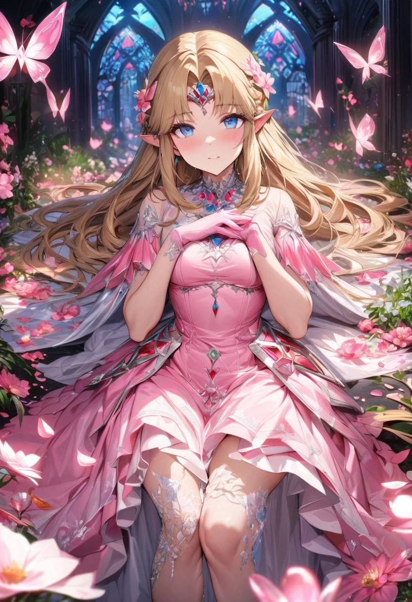 (absurdres, highres, ultra detailed, HDR) master piece, best quality, perfect face, Princess Zelda, blond hair, expressive blue eyes, The legend of zelda ocarina of time, pink dress, pink long gloves, mark of the triforce on the dress, woman, extremely beautiful, glass pink flowers, glass pink petals, glass pink butterflies, glass garden, glass blossoms, everything made with glass