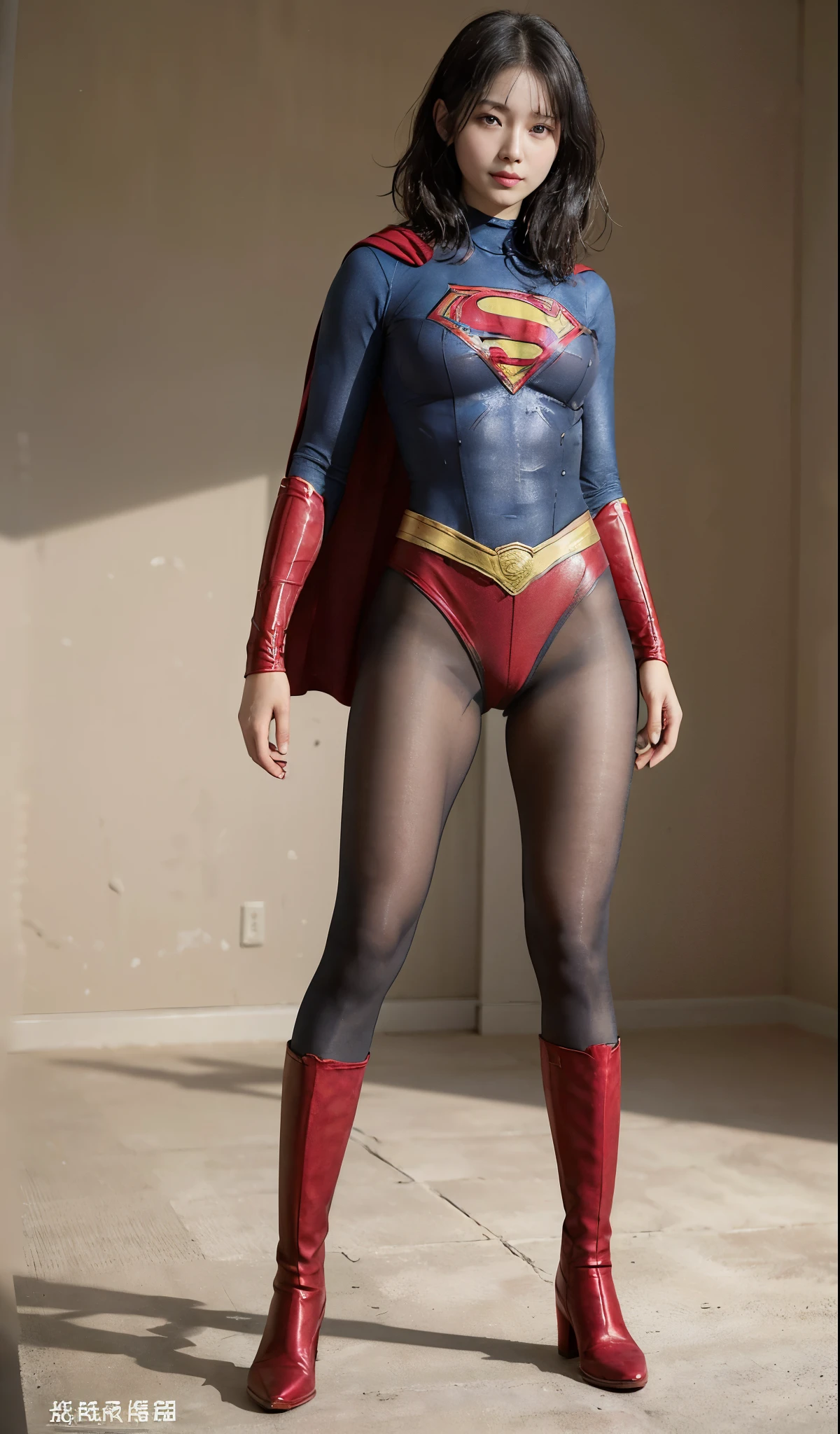 No background、(((Beautiful legs in black tights.)))、(((Legally express the beauty of your smile)))、((((Make the most of your original images)))、(((Supergirl Costume)))、(((Short beautiful hair)))、(((suffering)))、(((Please wear black tights....、Wear red boots)))、((Best image quality、8K))、((highest quality、8K、masterpiece:1.3))、(((Preserve background )))、Sharp focus:1.2、Beautiful woman with perfect figure:1.4、Thin abdominal muscles:1.2、Wet body:1.5、Highly detailed face and skin texture、8K