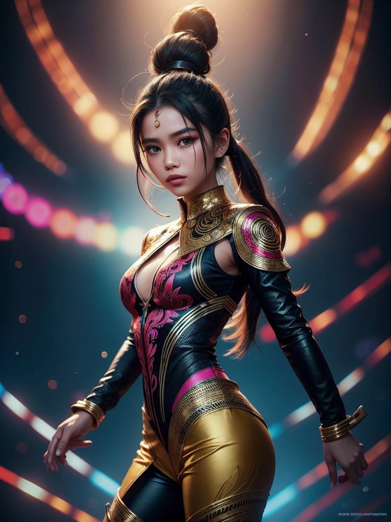 A girl wearing an Indonesian-style futuristic outfit,It embodies cultural integration and modern fashion. The suit is decorated with intricate patterns and bright colors, Showcasing Indonesia’s rich cultural heritage. The girl stood confidently,Strike a dynamic pose, Her meticulous eyes reflect determination and curiosity. The material of this suit is a combination of traditional textiles and future synthetic fibers, Giving it a unique and edgy look. Overall image quality is of the highest standard, Sharp focus,Detail rendering. This artwork uses physically based rendering techniques, Produces realistic lighting and shadows. Bright colors, Capturing the essence of Indonesian cultural aesthetics. The background combines modern architecture and traditional elements, Creating a fusion of the past and the future. The theme explores the intersection of Indonesian culture, Futuristic design, And the artistic image of a confident girl.