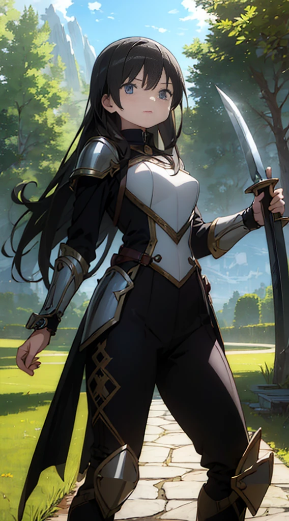  Create the image of a stunning woman with long, straight hair and wearing imposing armor. She is depicted in a majestic pose, with her wavy hair falling gently over her shoulders. Her armor is a work of art, with intricate details and elegant embellishments, reflecting the sunlight that streams through the nearby trees,Her eyes convey a mix of determination and grace as she wields a sword or shield with confidence. In the background, a picturesque setting of lush natural landscape, with distant mountains and a clear blue sky. This woman is not only a skilled warrior, but also a vision of beauty and strength