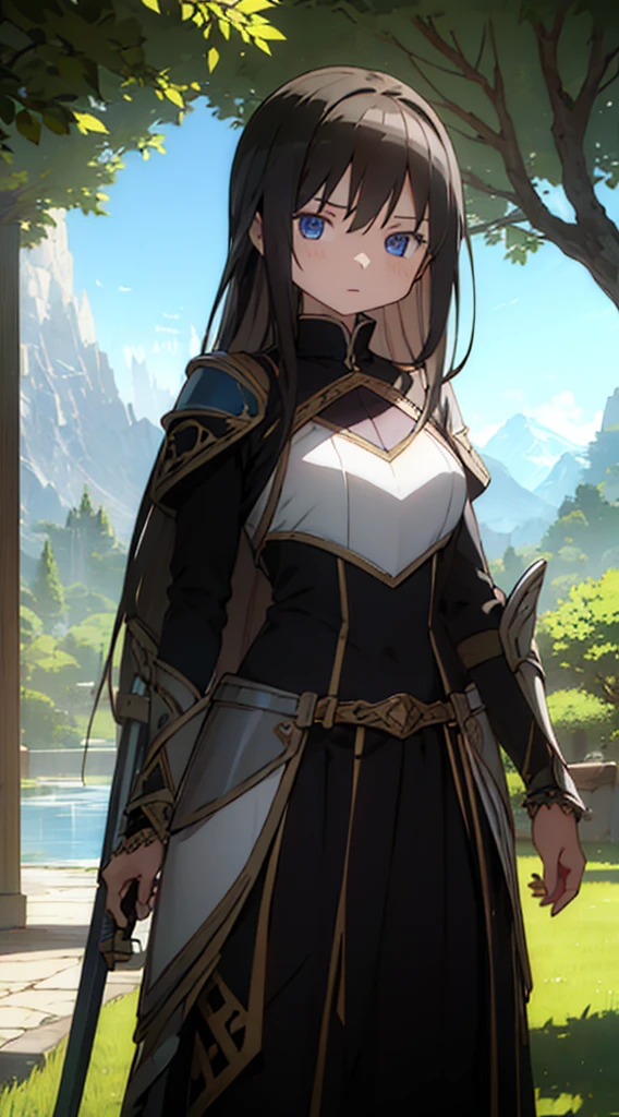  Create the image of a stunning woman with long, straight hair and wearing imposing armor. She is depicted in a majestic pose, with her wavy hair falling gently over her shoulders. Her armor is a work of art, with intricate details and elegant embellishments, reflecting the sunlight that streams through the nearby trees,Her eyes convey a mix of determination and grace as she wields a sword or shield with confidence. In the background, a picturesque setting of lush natural landscape, with distant mountains and a clear blue sky. This woman is not only a skilled warrior, but also a vision of beauty and strength