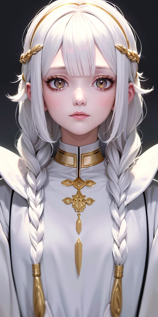 best quality, masterpiece,white hair, gold eyes,white clothes, looking up, upper body,hair strand,Fair skin,side braids