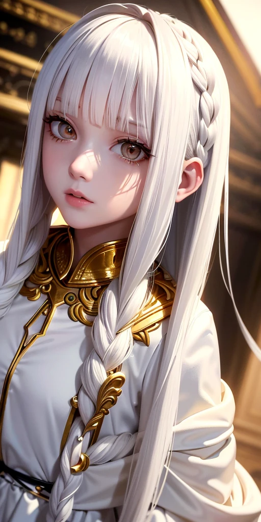 best quality, masterpiece,white hair, gold eyes,white clothes, looking up, upper body,hair strand,Fair skin,side braids