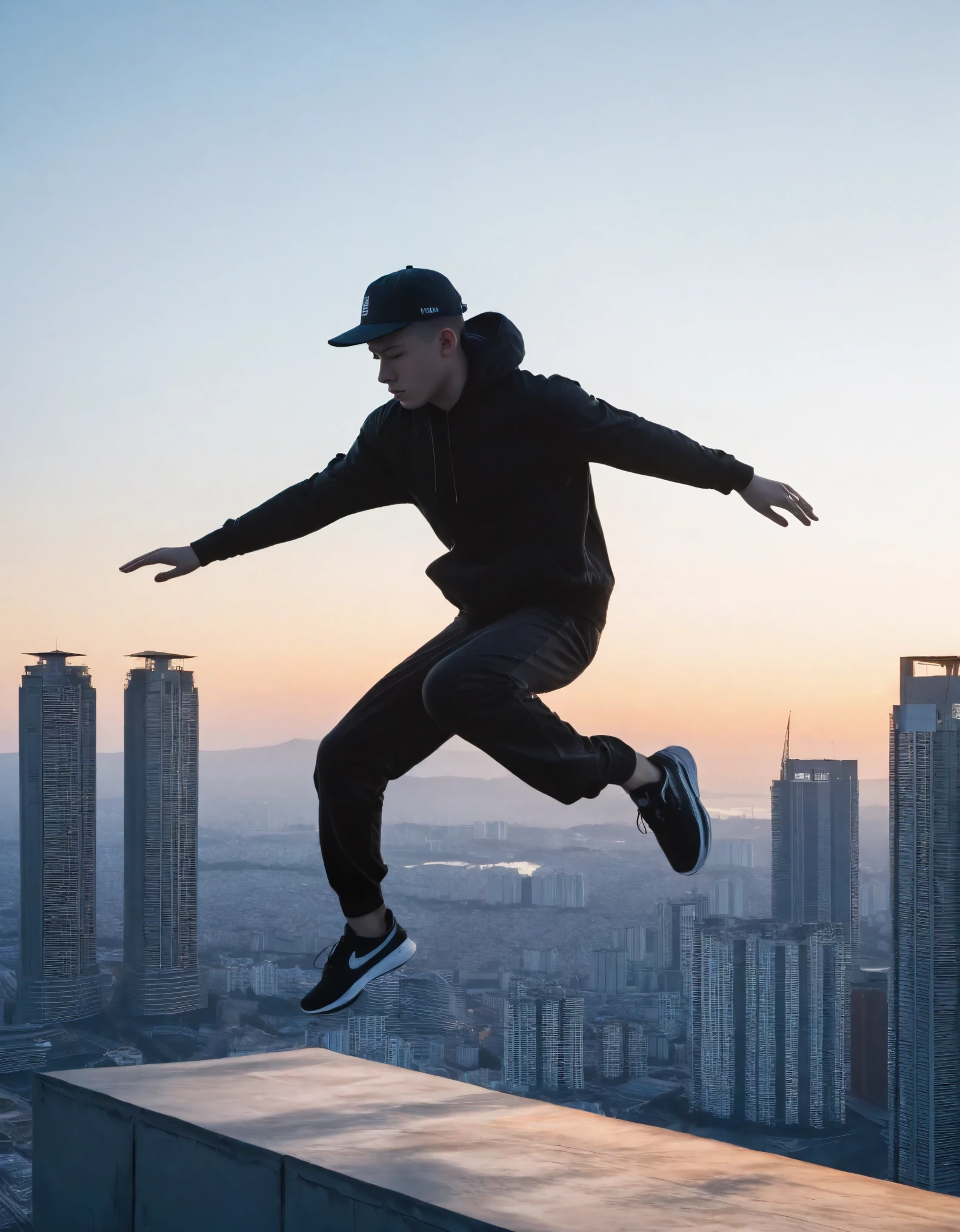A realistic photograph capturing the silhouette of a freerunner mid-leap between two high-rise buildings during dusk. The cityscape below is illuminated by the setting sun, creating a dramatic backdrop that adds a sense of danger and adrenaline to the scene. The image captures the exhilarating moment of the freerunner’s daring leap, highlighting the contrast between the stillness of the buildings and the dynamic motion of the athlete against the vibrant, glowing city below.