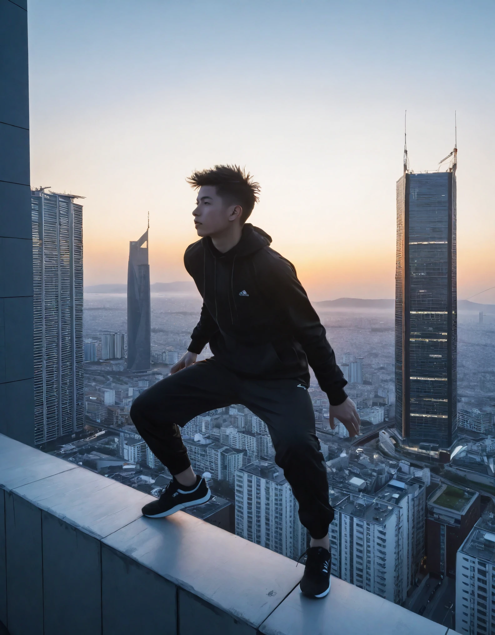 A realistic photograph capturing the silhouette of a freerunner mid-leap between two high-rise buildings during dusk. The cityscape below is illuminated by the setting sun, creating a dramatic backdrop that adds a sense of danger and adrenaline to the scene. The image captures the exhilarating moment of the freerunner’s daring leap, highlighting the contrast between the stillness of the buildings and the dynamic motion of the athlete against the vibrant, glowing city below.