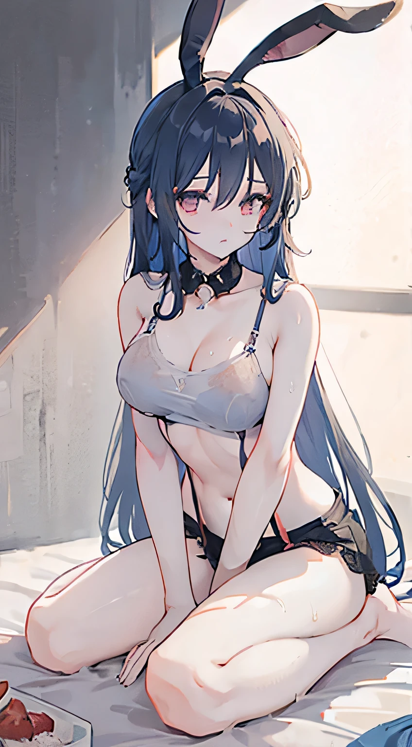 1 Girl,Solitary,masterpiece,Long hair,Rabbit ears,Black hair band,collar,Huge breasts,Sagging breasts ,white lace underwear,White lace,No hands behind the back,White suspenders,Stand on tiptoe,Open your legs,Soaked,barefoot,Front view,There is a lot of water on the ground,The background is in bed
