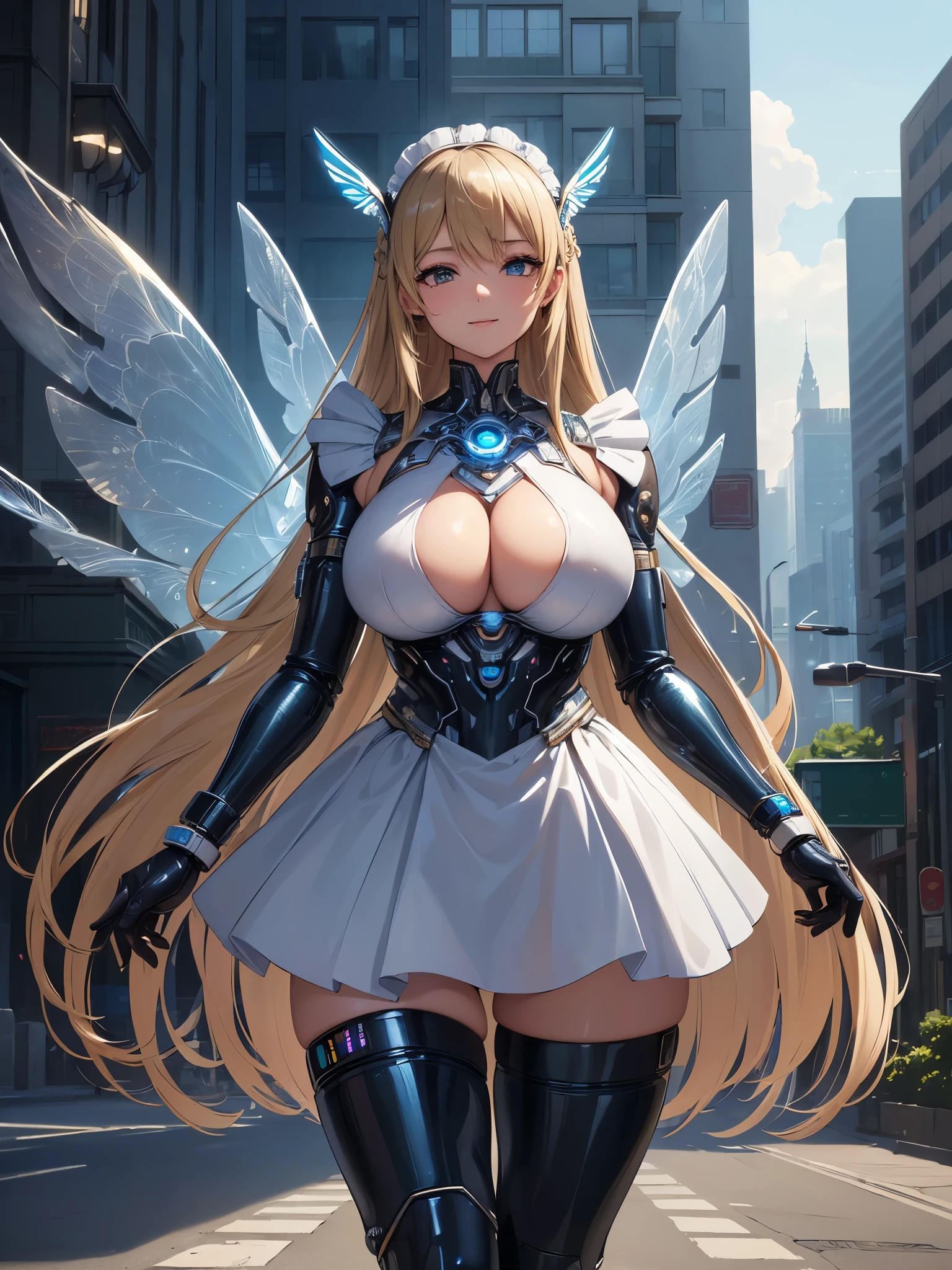 (((masterpiece))), (((best quality))), ((ultra-detailed)), (illustration), ((an extremely delicate and beautiful)), ((super detail)), ((high resolution)), (((20 years old))), metallic cloth, (maid), (android), ((mechanical wings)), delicate metal decorations, gleaming skin, shiny body, two legs, breast focus, (((tall))), slender legs, ((big round eyes)), cute eyes, drooping eyes, ((adult)), two hands, five fingers, no extra hands, elegant smile, braid, medium length hair, ((metallic blue)), (see-through), (dark blonde), (ultra-huge breasts), (((safe for watch))), (shining brightly), outdoor, mini skirt, city, daytime, ((biopunk)),