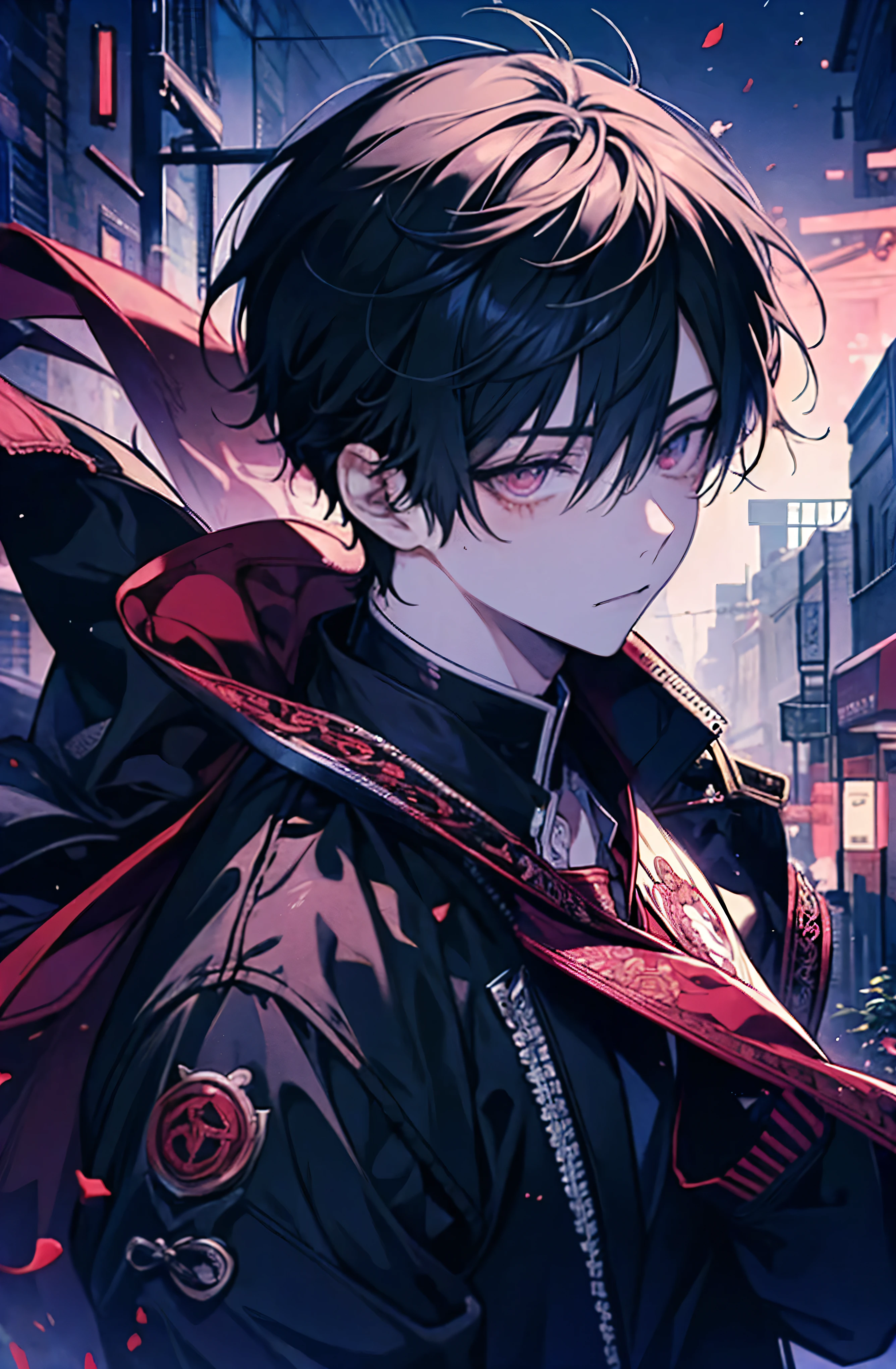 Anime Shōnen, detailed, Pushed down, His heart was ripped from his chest by his own hands, Shedding blood、Laugh like crazy, Eyes in the Shadows, background, dark alley street background, detailed background, Cyber Street, Blood Moon, moonlight, Starry Sky,