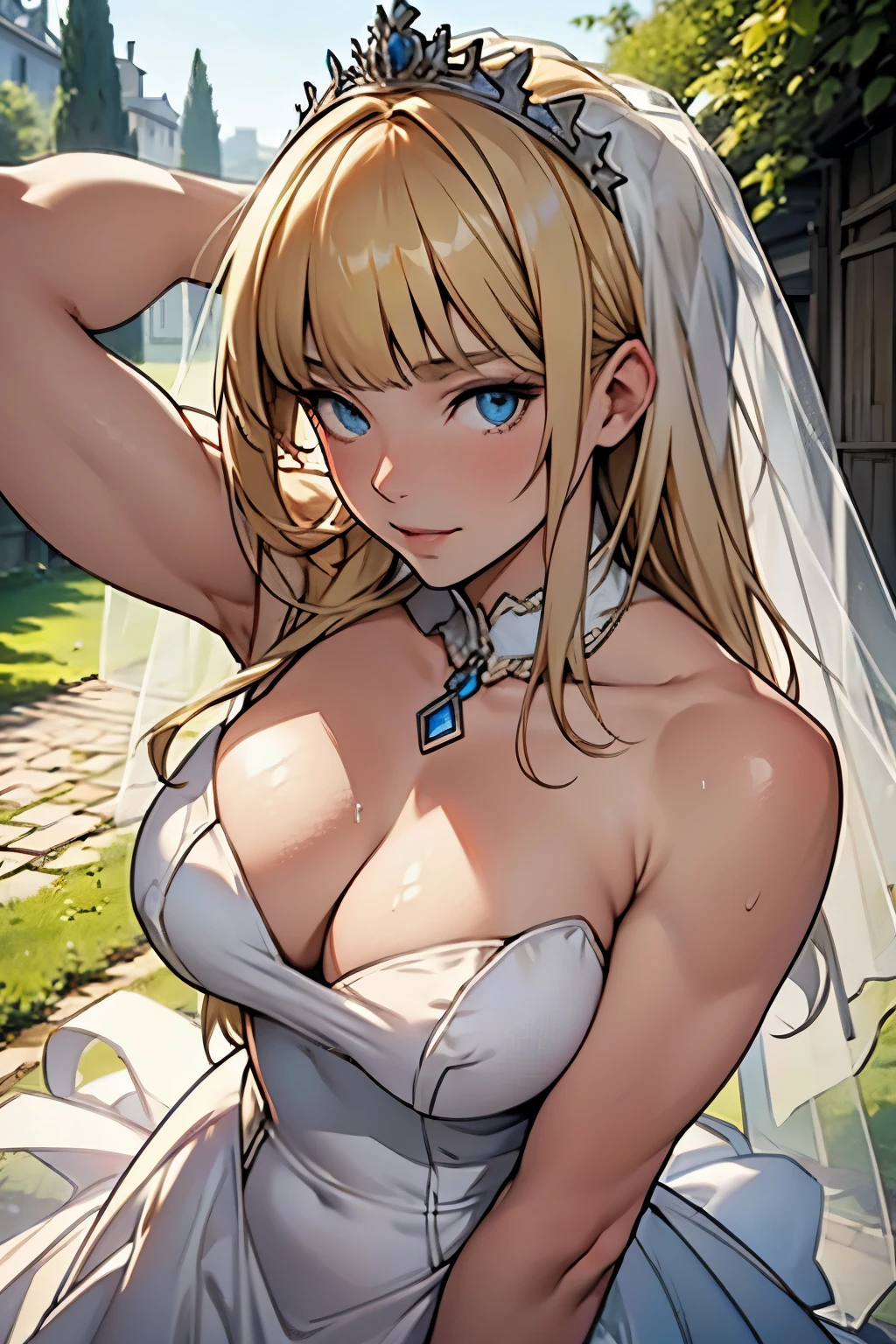 girl,************,Wedding dress,European countryside,blonde,Bangs Bangs,Pretty face,Thick and muscular arms,tiara,