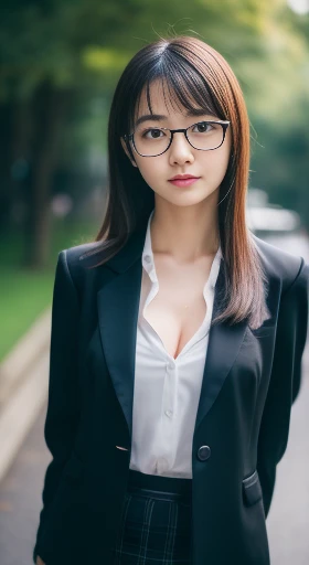 Beautiful Japanese adult woman, 最high quality, masterpiece, One Girl, Beautiful Face, (Like the picture:1.3), Rim Light, (High Definition Skins:1.2), 8k UHD, Digital SLR, high quality, High resolution, 4K, 8k, Bokeh Depth of Field, (Realistic:1.3), wearing black formal blazer, Wearing glasses,Ample breasts,skirt, (Transparent blouse:1.1),