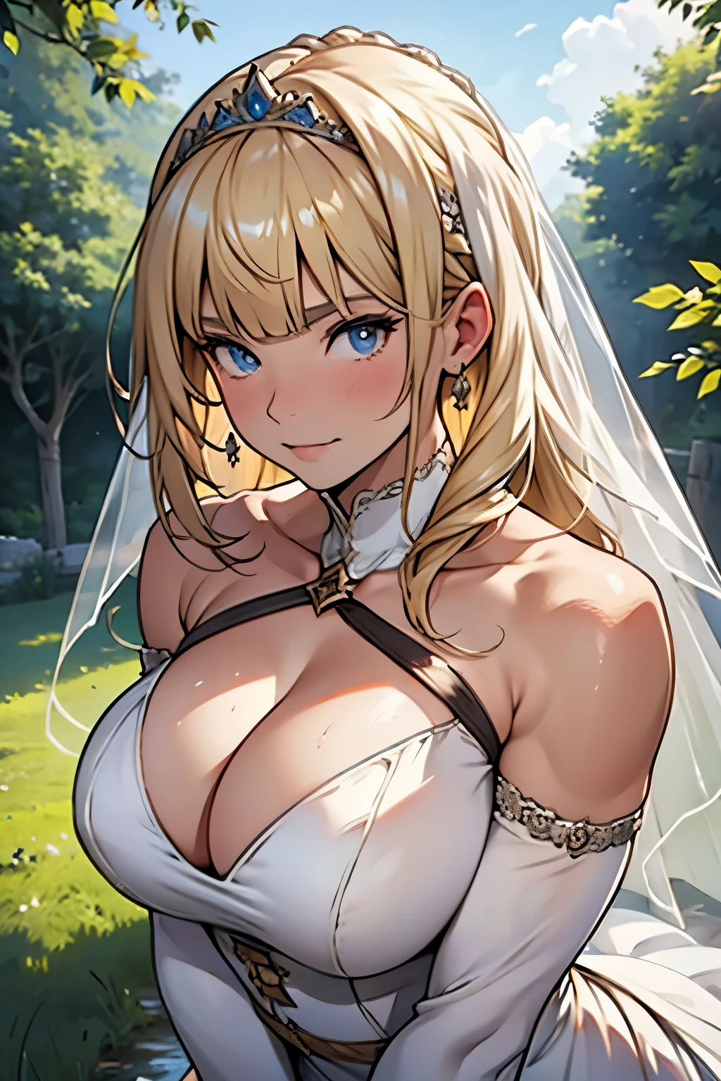 girl,,Wedding dress,European countryside,blonde,Bangs Bangs,Pretty face,Thick and muscular arms,tiara,