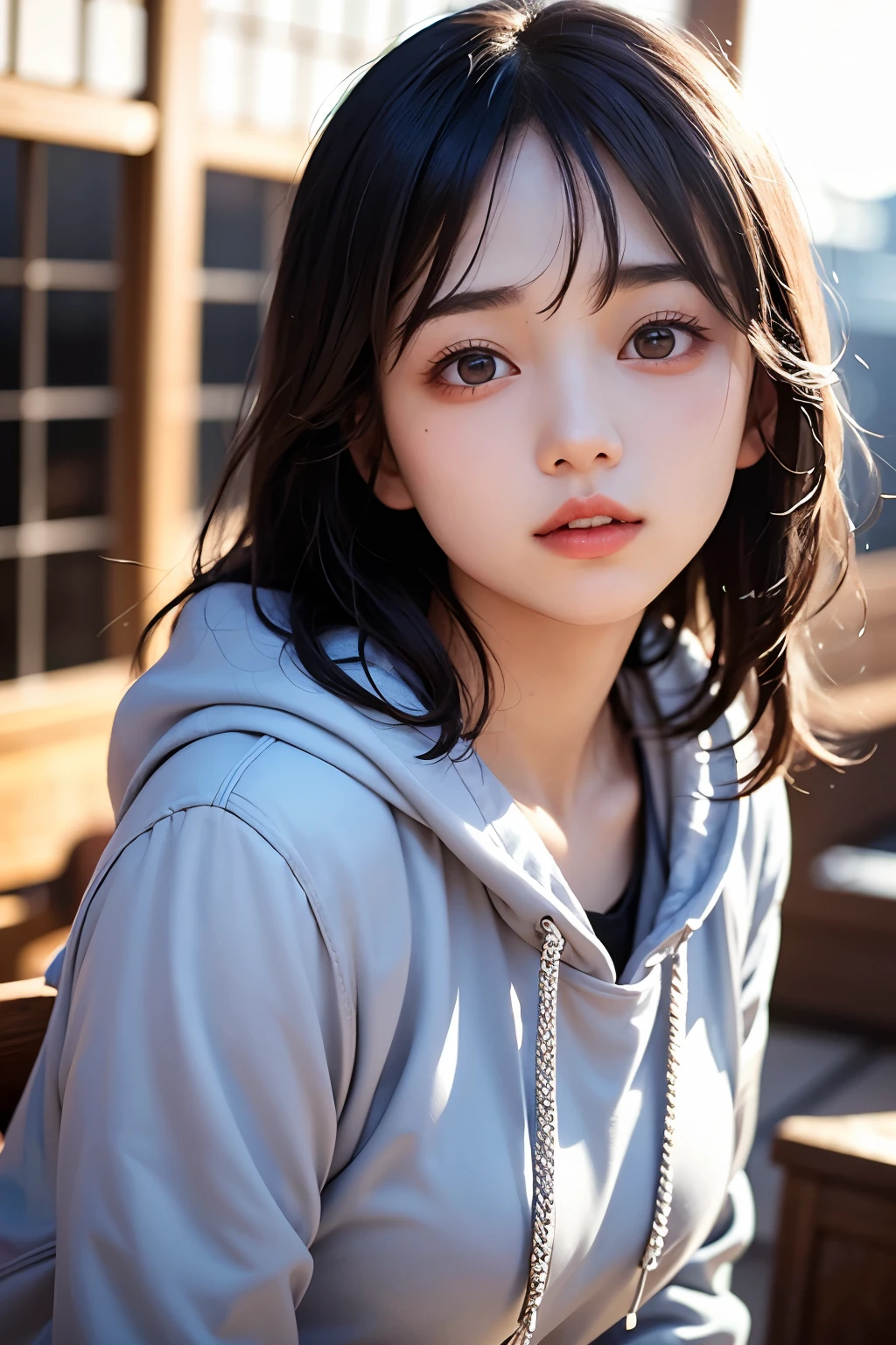(1 nogizaka girl,raw photo,photo realistic:1.5),(best quality, high quality,HDR, highest quality,ultra high resolution,high resolution,high res,ultra high difinition,huge file size,8K,2K wallpaper,8K wallpaper,high quality texture,amazing,an extremely delicate:1.4),one girl, Japanese famous idol,beautiful face,small face,absurd,ridiculous,incredibly ridiculous,portrait,breasts close up,blurry background,(hoodie,no makeup:1.2),medium skin,beautiful skin,detailed skin,small head,black hair,silky hair,(Japanese eyes:1.3),detailed eyes,black eyes,Japanese idol eyes,Japanese nose,5-fingers,(eyebrow:-0.5),(Light Particles, Lens Flare, Luminous Particles: 0.7),looking at viewer,bright lighting,professional lighting,girl