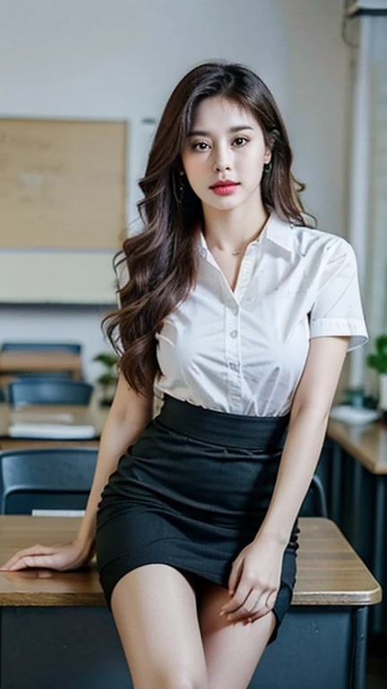 (Masterpiece, best quality, alone, รายละเอียดที่complicated, Chromatic aberration), realistic, ((Moderate breath)), hair on one eye,purple eyes, earring, sharp eyes, choker, (symmetrical eyes),(Perfect symmetrical body),Photo of a beautiful 22 year old girl, Beautiful and charming with contemporary fashion paintings as well..., looking at the audience, ((in the classroom background)), (1 Teen Girl),(black short skirt), (Fitted white short sleeve shirt, Unbuttoning reveals.), ((Short black pencil skirt with side slit)), belt, ((Put your hands down.)),copper blonde hair, bob, round chin, Art lens 85mm, Sharp focus, High resolution 8K, Crazy details, complicated, elegant,sitting on the study table Lift one leg to eye level, legs slightly apart.,big breasts,Big breasts, dynamic gesture, big breasts