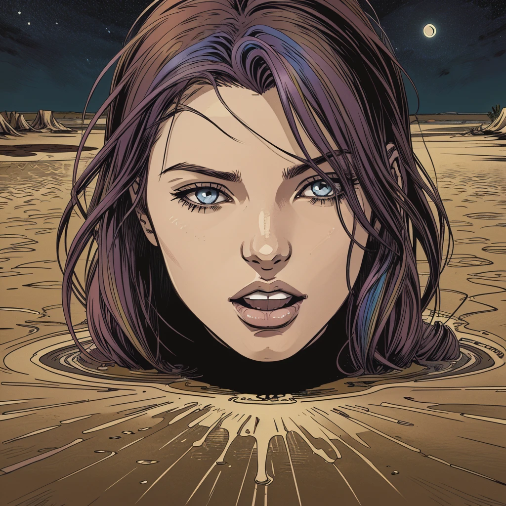 vector image, 2d cartoon,masterpiece,night illunimation:1.2, only An anime woman head,colored hair, gloomy ecstasy:1.2,(above the quicksand swamp:1.2), 